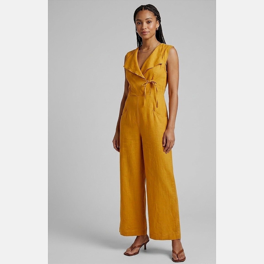 Subtropicalia Yellow Linen Jumpsuit Small Surplice Wrap Wide Leg Summer Resort